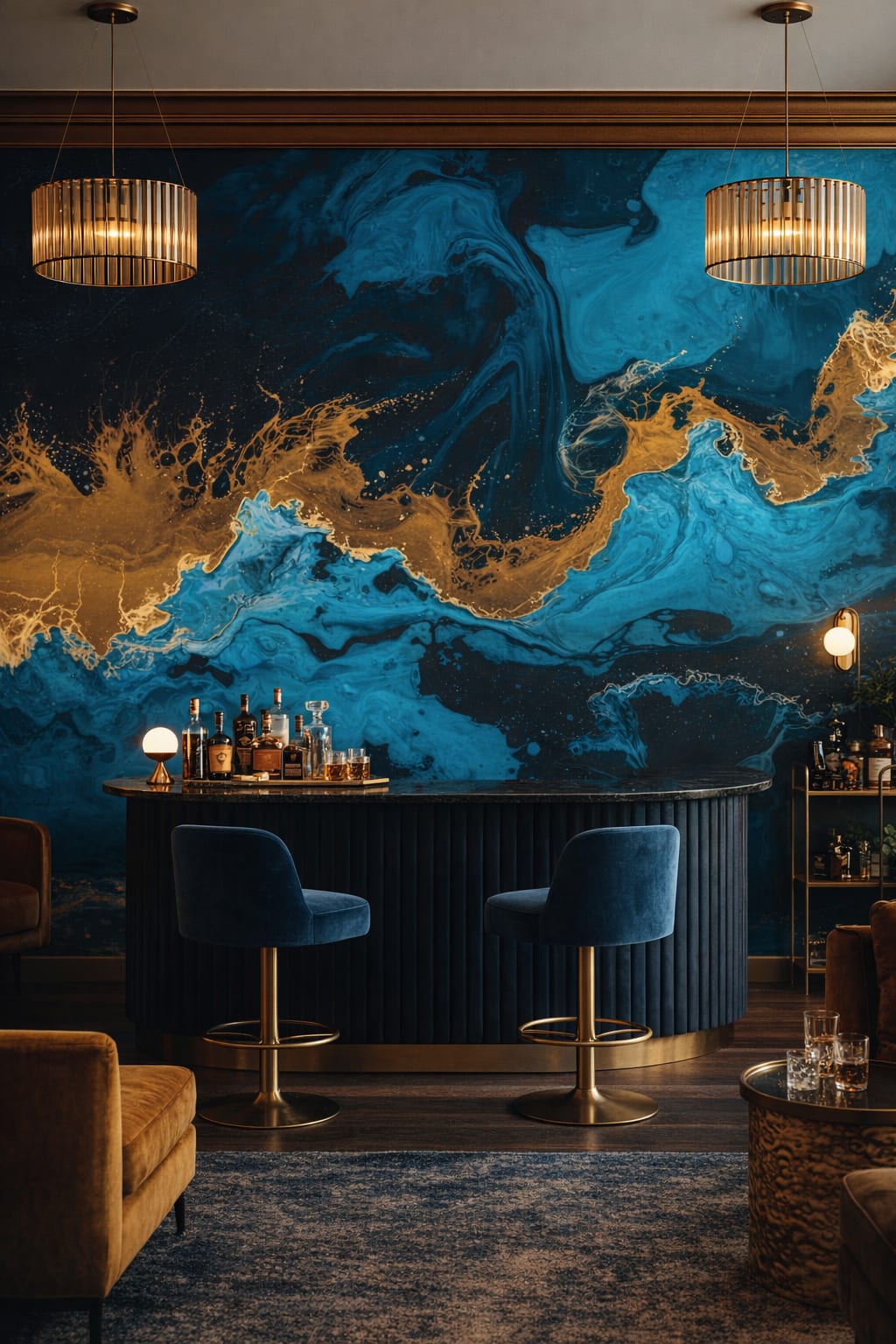 Art Deco black-gold abstract fluid marbling featuring gold veining - Wall Mural Peel and Stick Wallpaper for Art Deco Bar/Lounge.