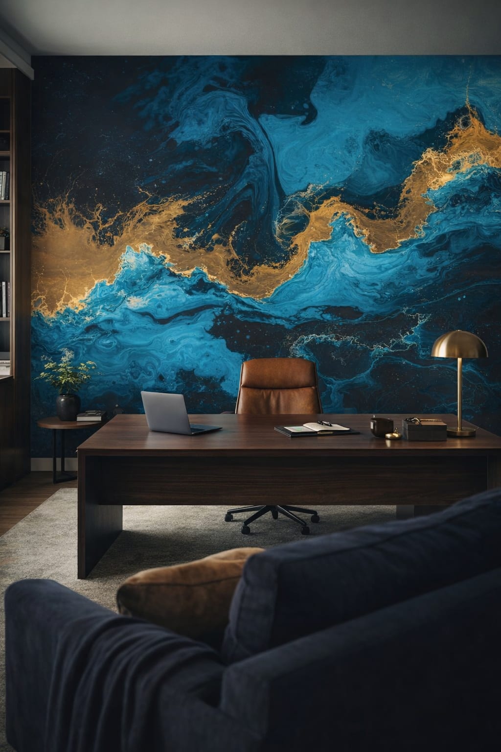 High-tech black-gray abstract fluid marbling featuring gold veining - Wall Mural Peel and Stick Wallpaper for High-tech Executive Home Office.