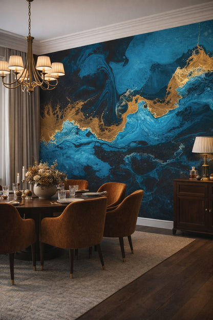 Modern Classic warm gray abstract fluid marbling featuring gold veining - Wall Mural Peel and Stick Wallpaper for Modern Classic Formal Dining Room.