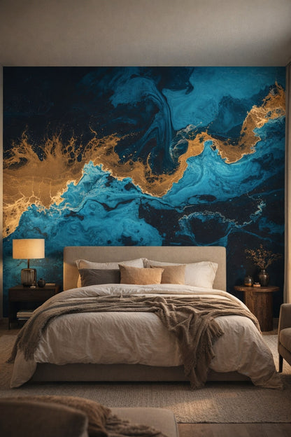 Quiet Luxury greige abstract fluid marbling featuring gold veining - Wall Mural Peel and Stick Wallpaper for Quiet Luxury Master Bedroom.
