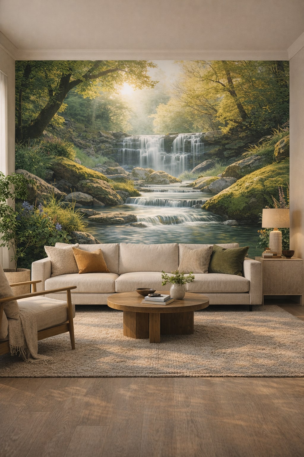 Organic Modern cream-toned waterfall featuring forest landscape - Wall Mural Peel and Stick Wallpaper for Organic Modern Living Room.