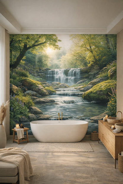 Zen soft-neutral waterfall featuring forest landscape - Wall Mural Peel and Stick Wallpaper for Zen Luxury Bathroom.
