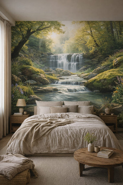 Organic muted-earth waterfall featuring forest landscape - Wall Mural Peel and Stick Wallpaper for Wabi-sabi Master Bedroom.