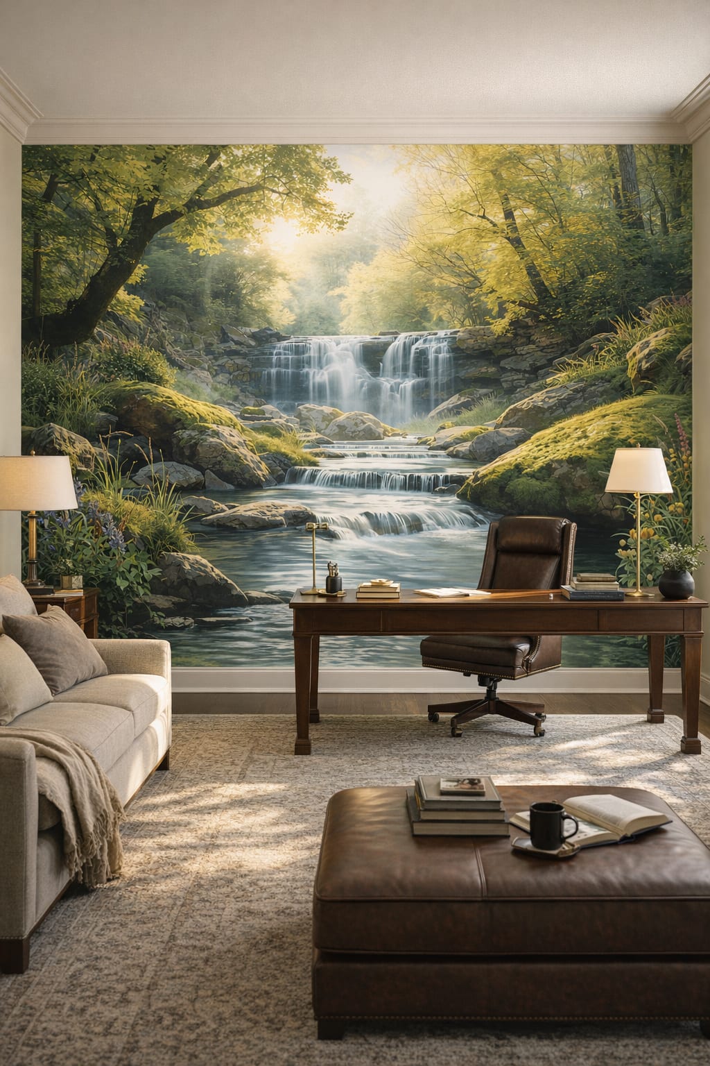 Greige refined waterfall featuring mossy rocks - Wall Mural Peel and Stick Wallpaper for Quiet Luxury Executive Home Office.
