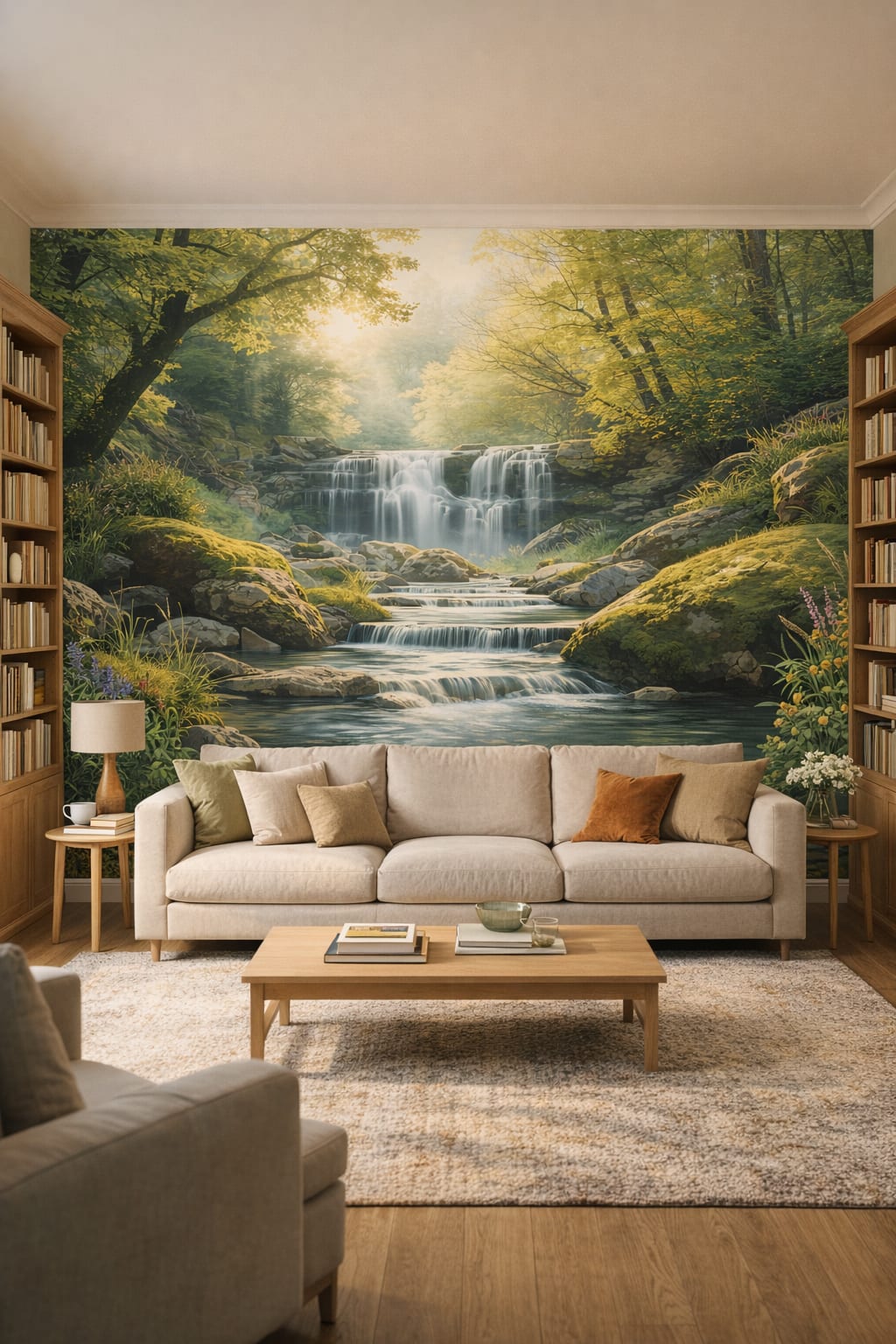 Scandinavian white waterfall featuring forest landscape - Wall Mural Peel and Stick Wallpaper for Scandinavian Home Library.
