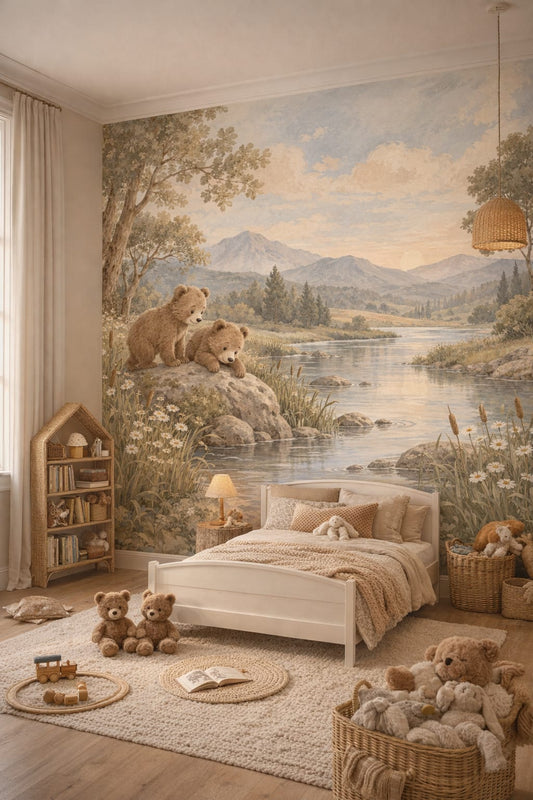 Moss green Woodland bear cubs featuring river landscape - Wall Mural Peel and Stick Wallpaper for Woodland / Forest Kids Bedroom.