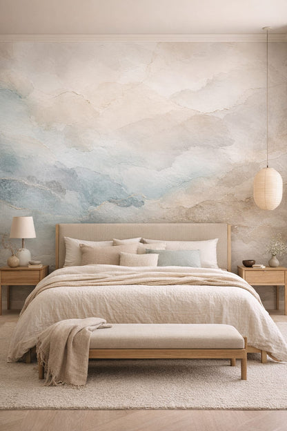 Sand off-white abstract watercolor - Wall Mural Peel and Stick Wallpaper for Japandi Master Bedroom.