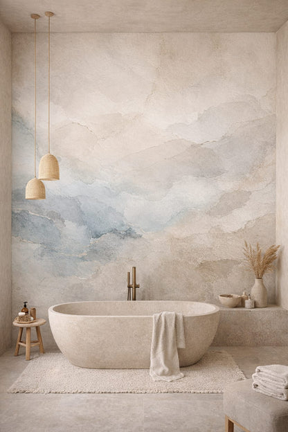 Wabi-sabi earth-toned abstract watercolor - Wall Mural Peel and Stick Wallpaper for Wabi-sabi Luxury Bathroom.