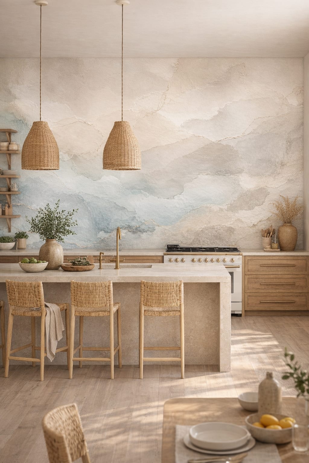 White sand abstract watercolor - Wall Mural Peel and Stick Wallpaper for Mediterranean Modern High-end Kitchen.
