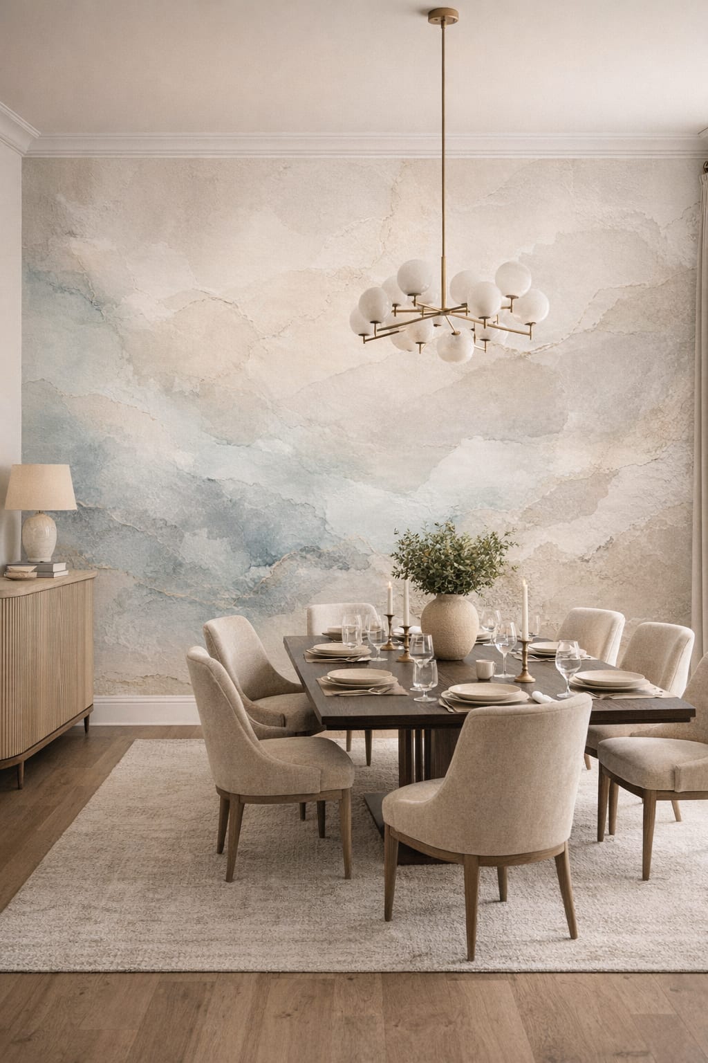 Quiet Luxury Greige Abstract Watercolor - Wall Mural Peel and Stick Wallpaper for Quiet Luxury Formal Dining Room.