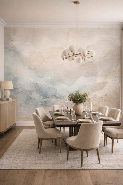 Quiet Luxury Greige Abstract Watercolor - Wall Mural Peel and Stick Wallpaper for Quiet Luxury Formal Dining Room.
