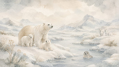 Gentle Watercolor Soft White Polar Bear featuring Arctic Foxes and Seal - Wall Mural & Peel and Stick Wallpaper for Watercolor Nursery or Kids Room
