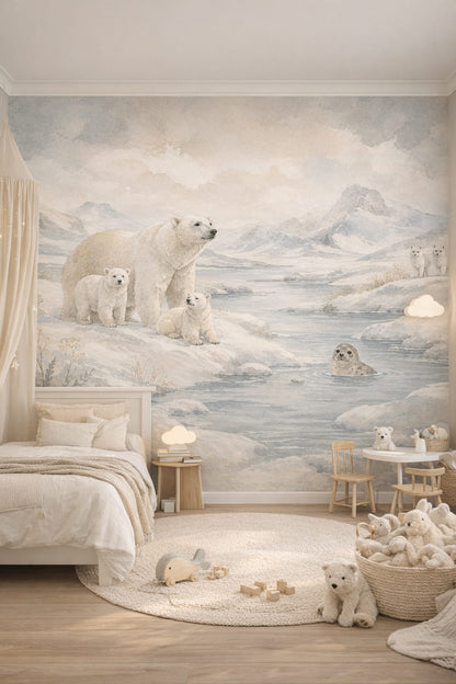 White birch polar bear featuring seal - Wall Mural Peel and Stick Wallpaper for Scandi Kids Kids Bedroom.