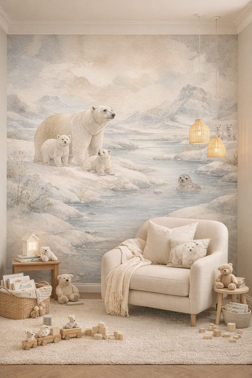 Classic Storybook dusty rose polar bear featuring arctic fox - Wall Mural Peel and Stick Wallpaper for Classic Storybook Reading Corner.