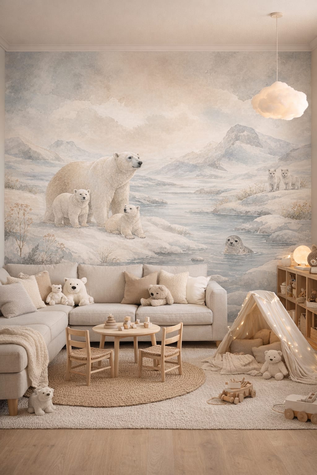 Modern Montessori neutrals polar bear featuring arctic fox - Wall Mural Peel and Stick Wallpaper for Modern Montessori Playroom.