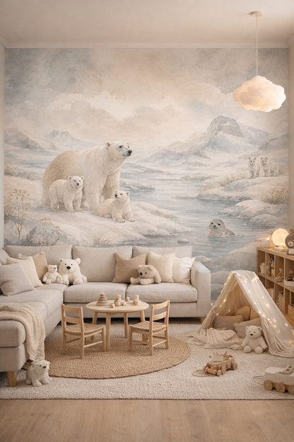 Modern Montessori neutrals polar bear featuring arctic fox - Wall Mural Peel and Stick Wallpaper for Modern Montessori Playroom.