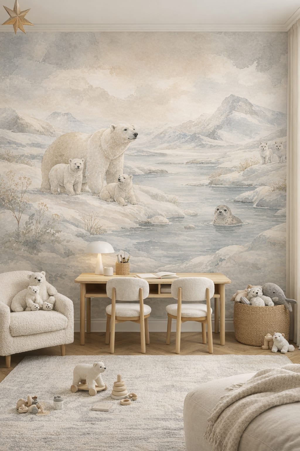 Gray mint polar bear featuring arctic fox - Wall Mural Peel and Stick Wallpaper for Gender-Neutral Contemporary Homework / Study Corner.
