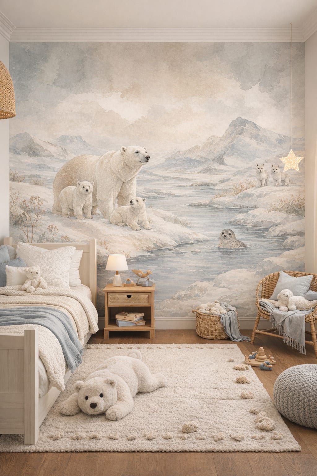 Coastal Kids sky blue polar bear featuring arctic fox - Wall Mural Peel and Stick Wallpaper for Coastal Kids Kids Bedroom.