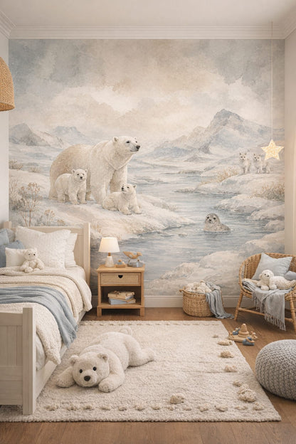 Coastal Kids sky blue polar bear featuring arctic fox - Wall Mural Peel and Stick Wallpaper for Coastal Kids Kids Bedroom.