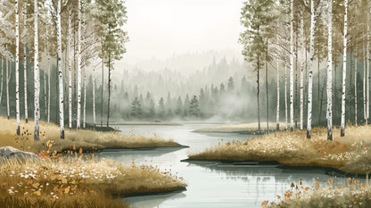 Painterly Tranquil Sage Green Birch Trees featuring misty lake and wildflowers - Wall Mural & Peel and Stick Wallpaper for Painterly Interiors and Premium Home Styling