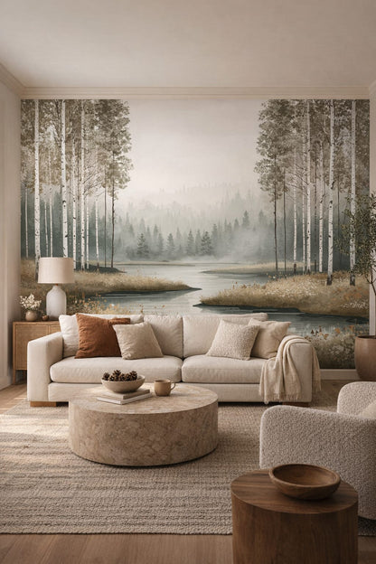 Organic Modern cream birch trees featuring misty lake - Wall Mural Peel and Stick Wallpaper for Organic Modern Living Room.