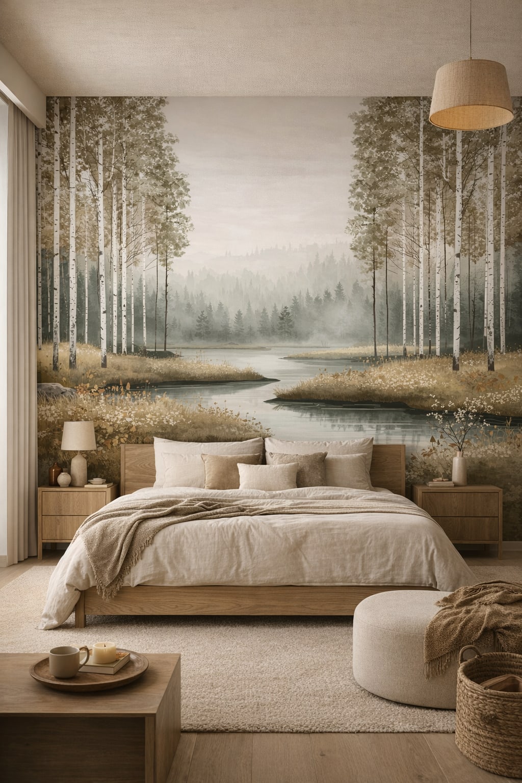 Japandi off-white birch trees featuring misty lake - Wall Mural Peel and Stick Wallpaper for Japandi Master Bedroom.