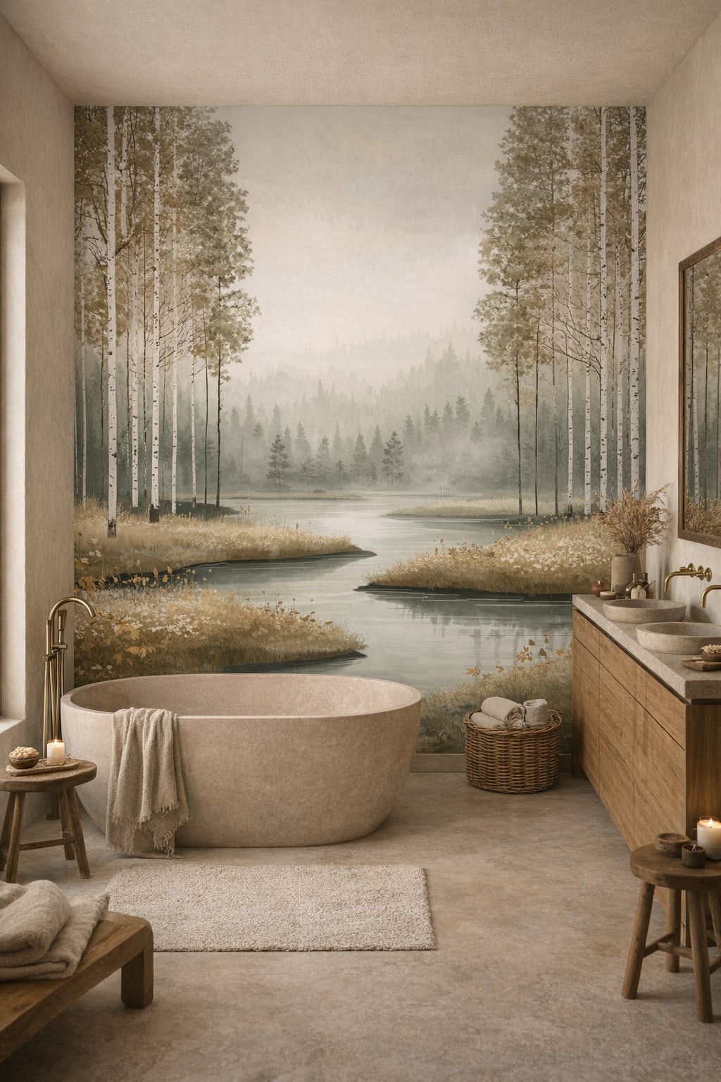 Wabi-sabi muted-earth birch trees featuring misty lake - Wall Mural Peel and Stick Wallpaper for Wabi-sabi Luxury Bathroom.