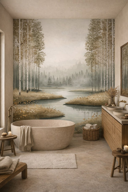 Wabi-sabi muted-earth birch trees featuring misty lake - Wall Mural Peel and Stick Wallpaper for Wabi-sabi Luxury Bathroom.