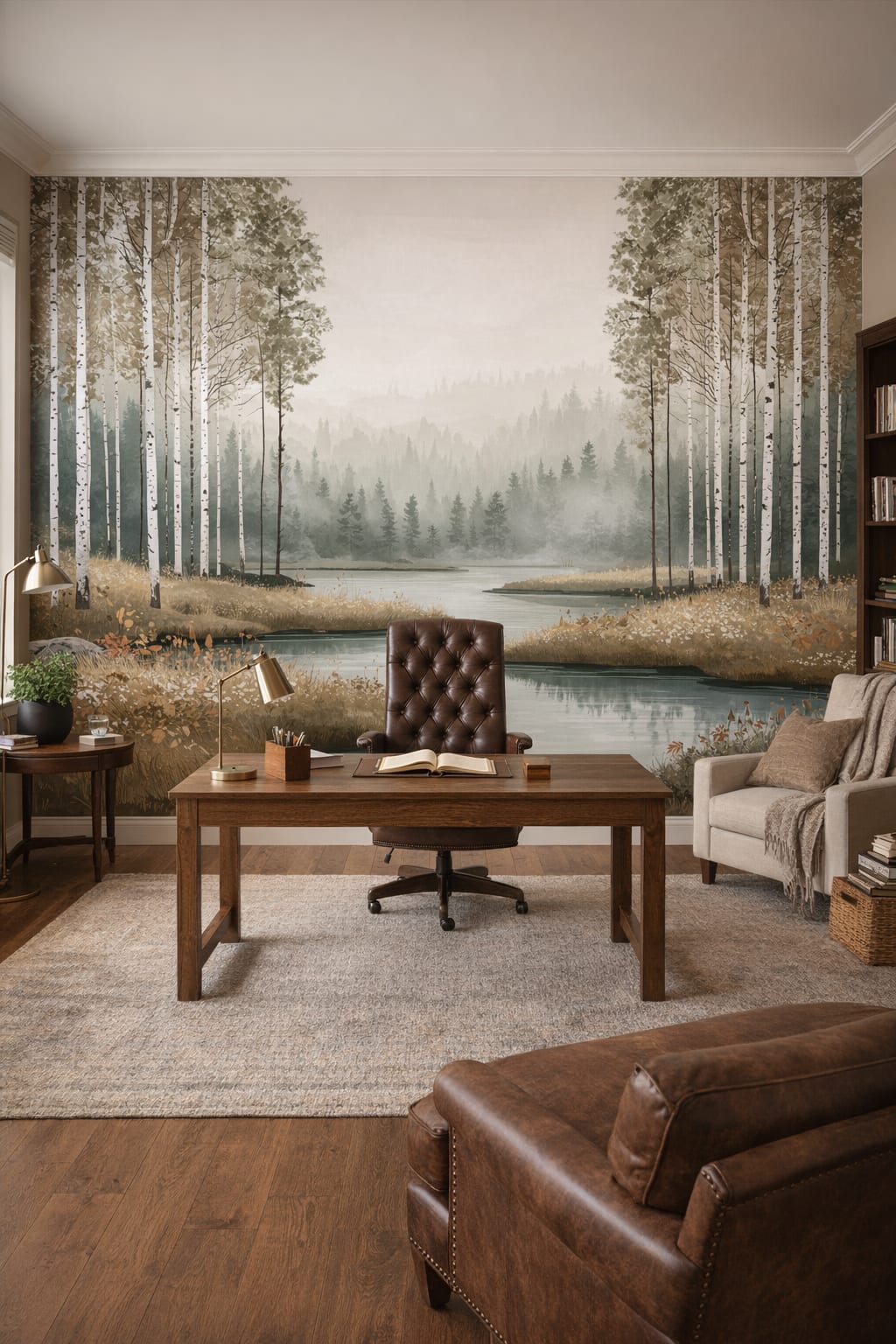 Sand-toned Rustic birch trees featuring misty lake - Wall Mural Peel and Stick Wallpaper for Rustic Modern Executive Home Office.