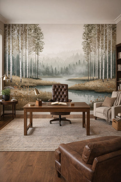 Sand-toned Rustic birch trees featuring misty lake - Wall Mural Peel and Stick Wallpaper for Rustic Modern Executive Home Office.