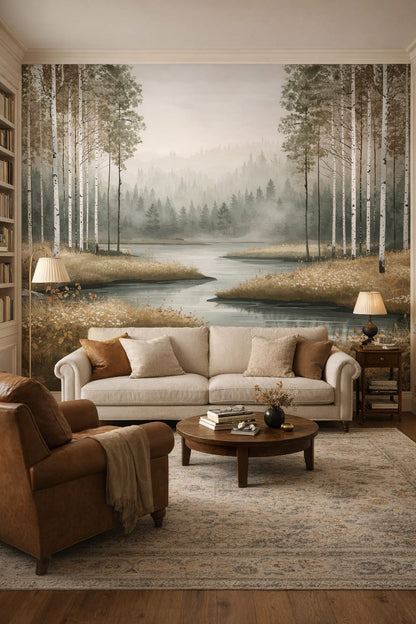 Bookish cream birch trees featuring misty lake - Wall Mural Peel and Stick Wallpaper for Light Academia Home Library.