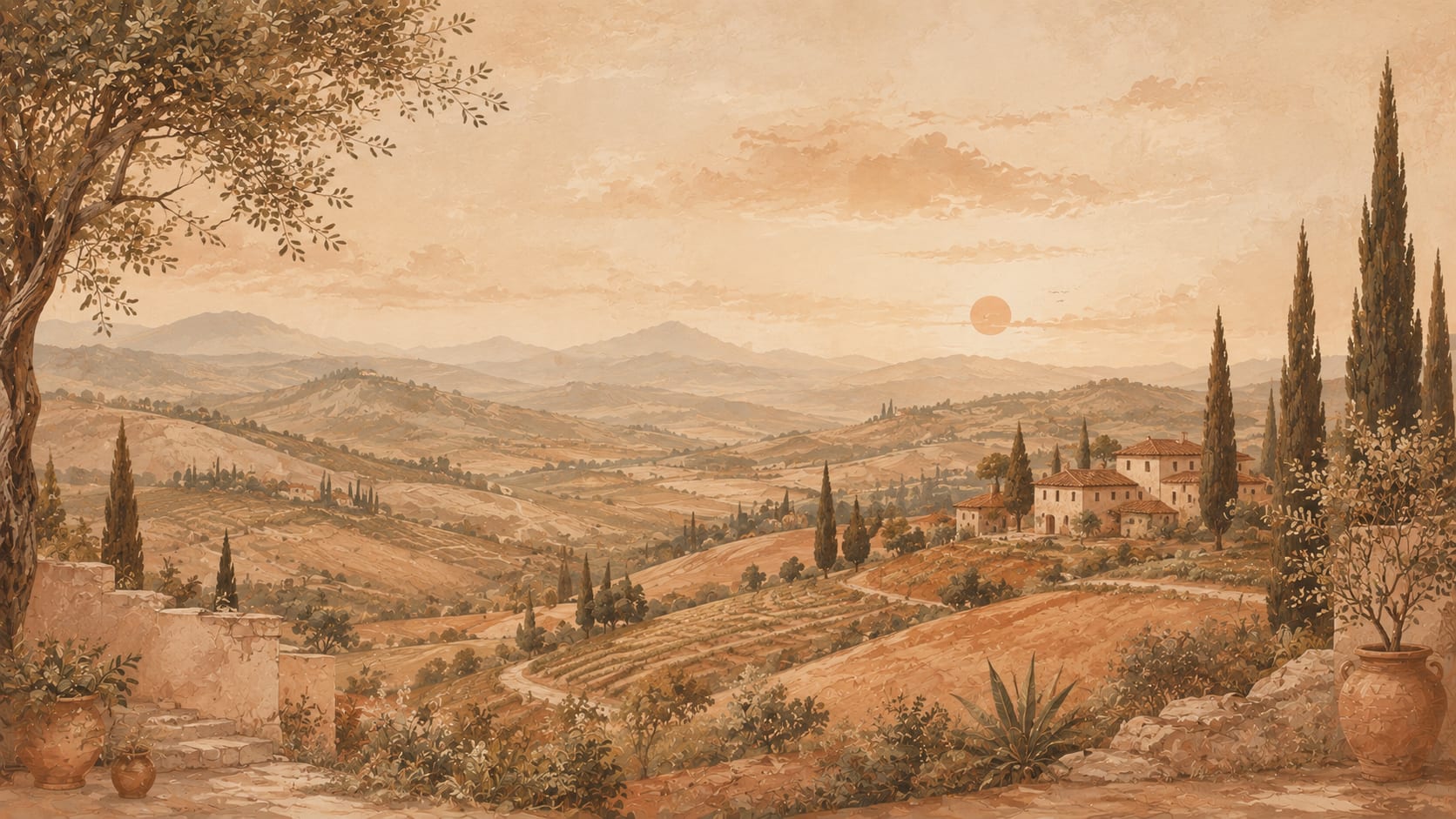 Sunlit Painterly Terracotta Tuscan landscape featuring cypress trees and hillside villas - Wall Mural & Peel and Stick Wallpaper for Painterly Interiors and Premium Home Styling