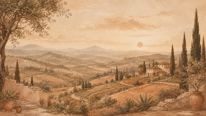 Sunlit Painterly Terracotta Tuscan landscape featuring cypress trees and hillside villas - Wall Mural & Peel and Stick Wallpaper for Painterly Interiors and Premium Home Styling