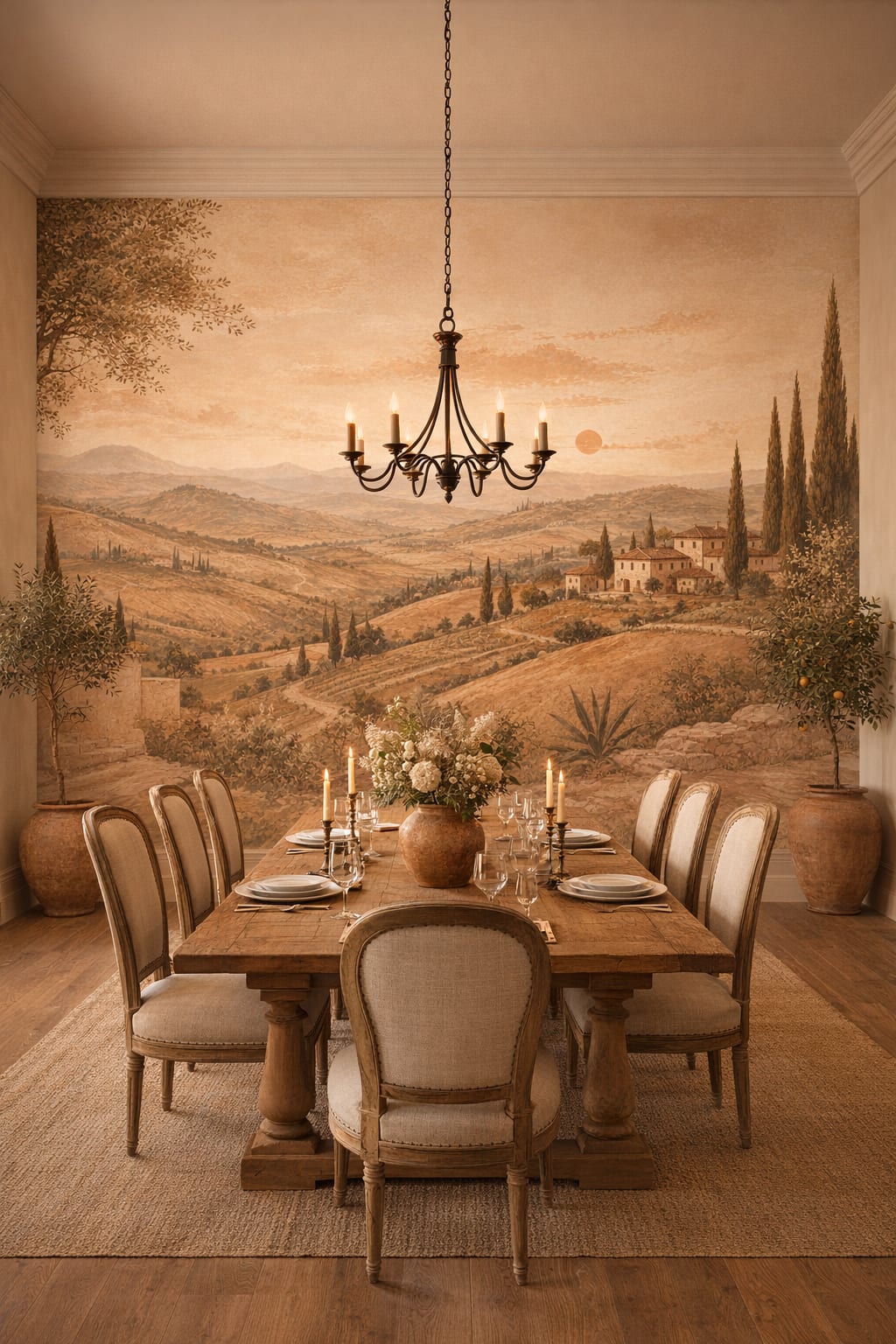 Tuscan terracotta Tuscan landscape featuring cypress trees - Wall Mural Peel and Stick Wallpaper for Tuscan Formal Dining Room.