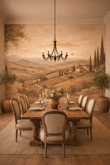 Tuscan terracotta Tuscan landscape featuring cypress trees - Wall Mural Peel and Stick Wallpaper for Tuscan Formal Dining Room.