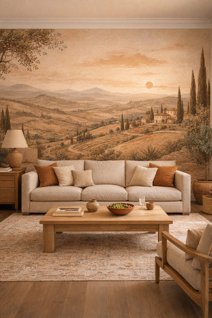 Mediterranean terracotta Tuscan landscape featuring hillside villas - Wall Mural Peel and Stick Wallpaper for Mediterranean Living Room.