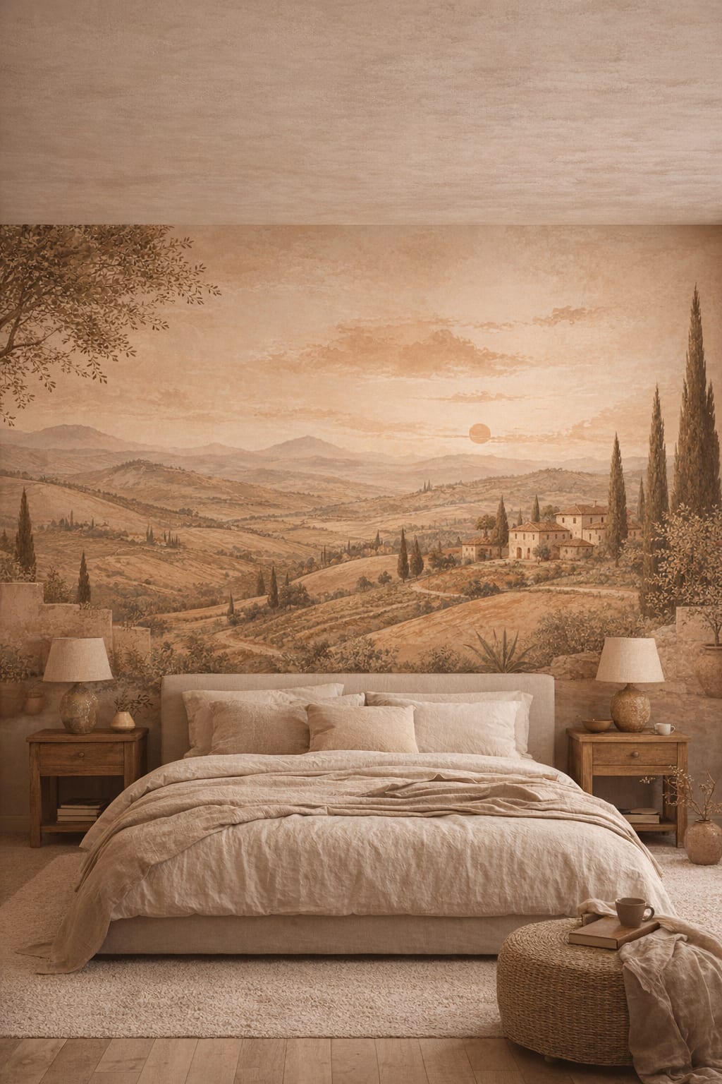 Wabi-sabi earth-toned Tuscan landscape featuring cypress trees - Wall Mural Peel and Stick Wallpaper for Wabi-sabi Master Bedroom.