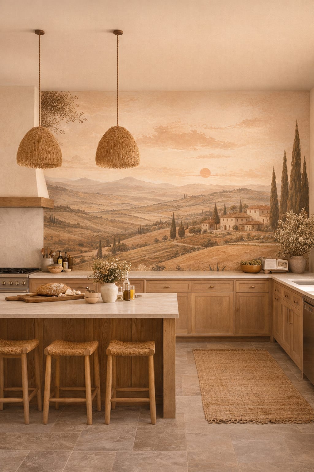 Rustic sand Tuscan landscape featuring hillside villas - Wall Mural Peel and Stick Wallpaper for Rustic Modern High-end Kitchen.