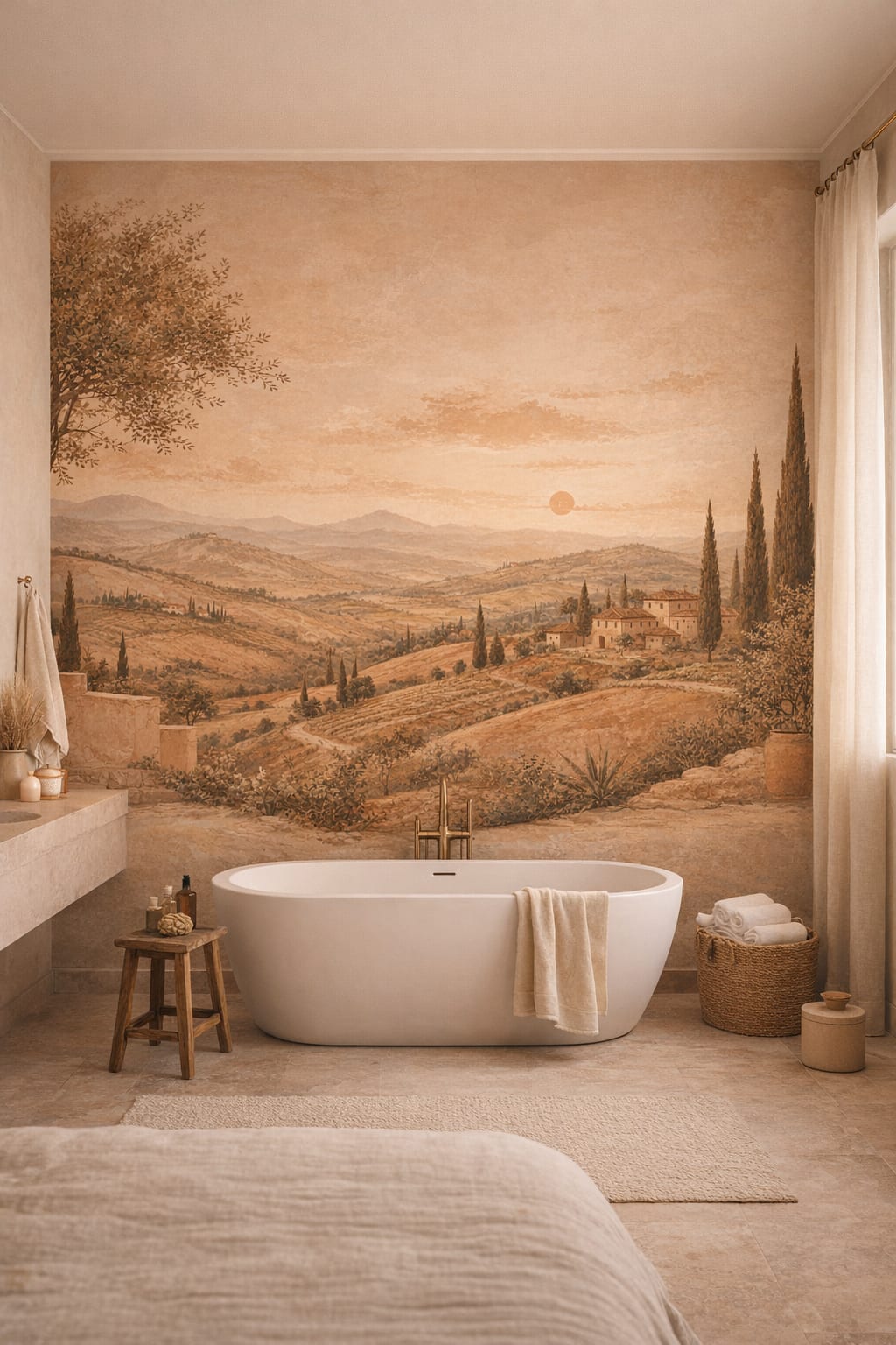 Cream Organic Modern Tuscan landscape featuring cypress trees - Wall Mural Peel and Stick Wallpaper for Organic Modern Luxury Bathroom.