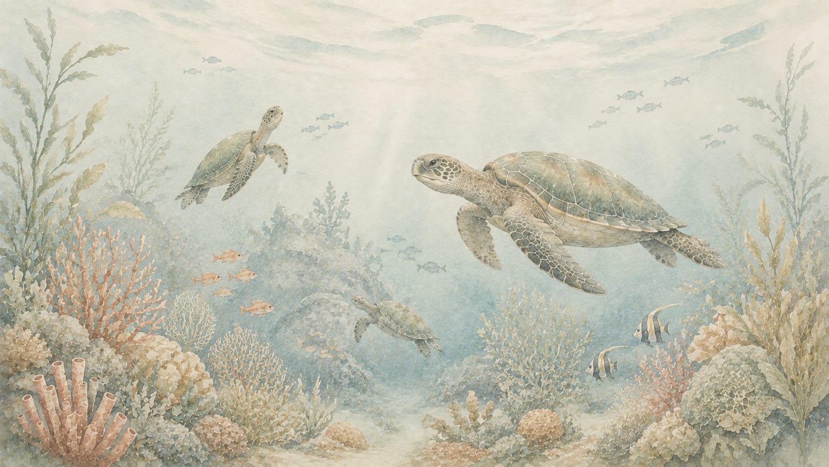 Serene Watercolor Sage Green Sea Turtles featuring coral reef and tropical fish - Wall Mural & Peel and Stick Wallpaper for Watercolor Interiors and Premium Home Styling