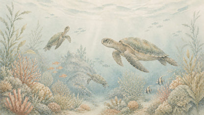 Serene Watercolor Sage Green Sea Turtles featuring coral reef and tropical fish - Wall Mural & Peel and Stick Wallpaper for Watercolor Interiors and Premium Home Styling