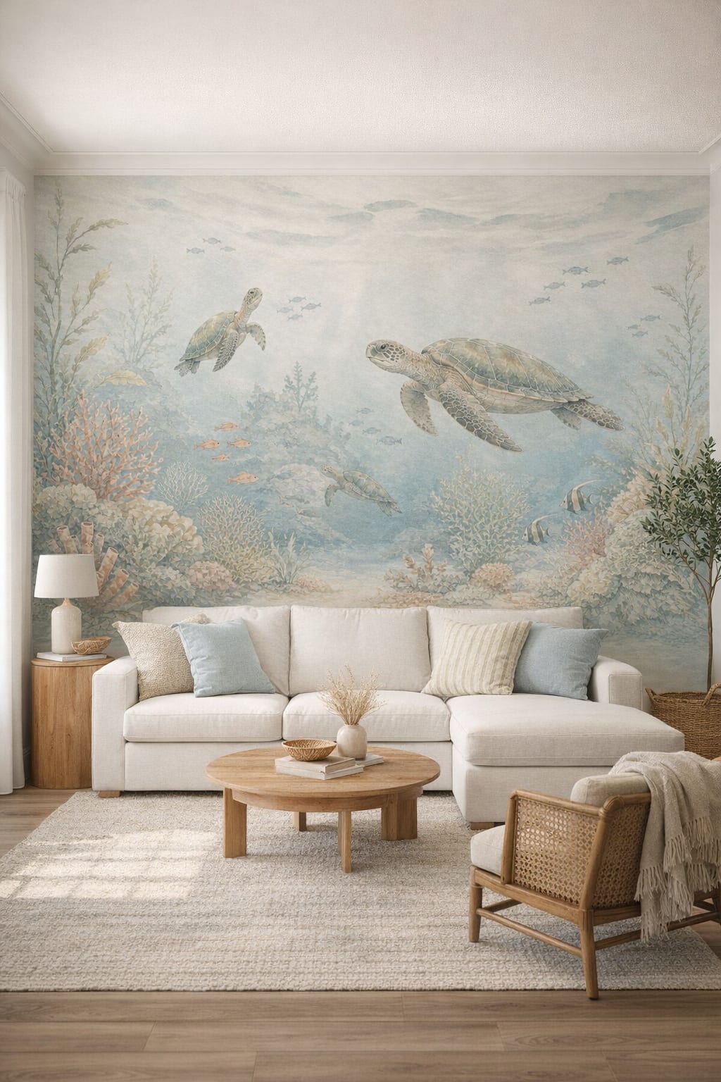 Coastal blue-sand sea turtles featuring coral reef - Wall Mural Peel and Stick Wallpaper for Coastal Living Room.