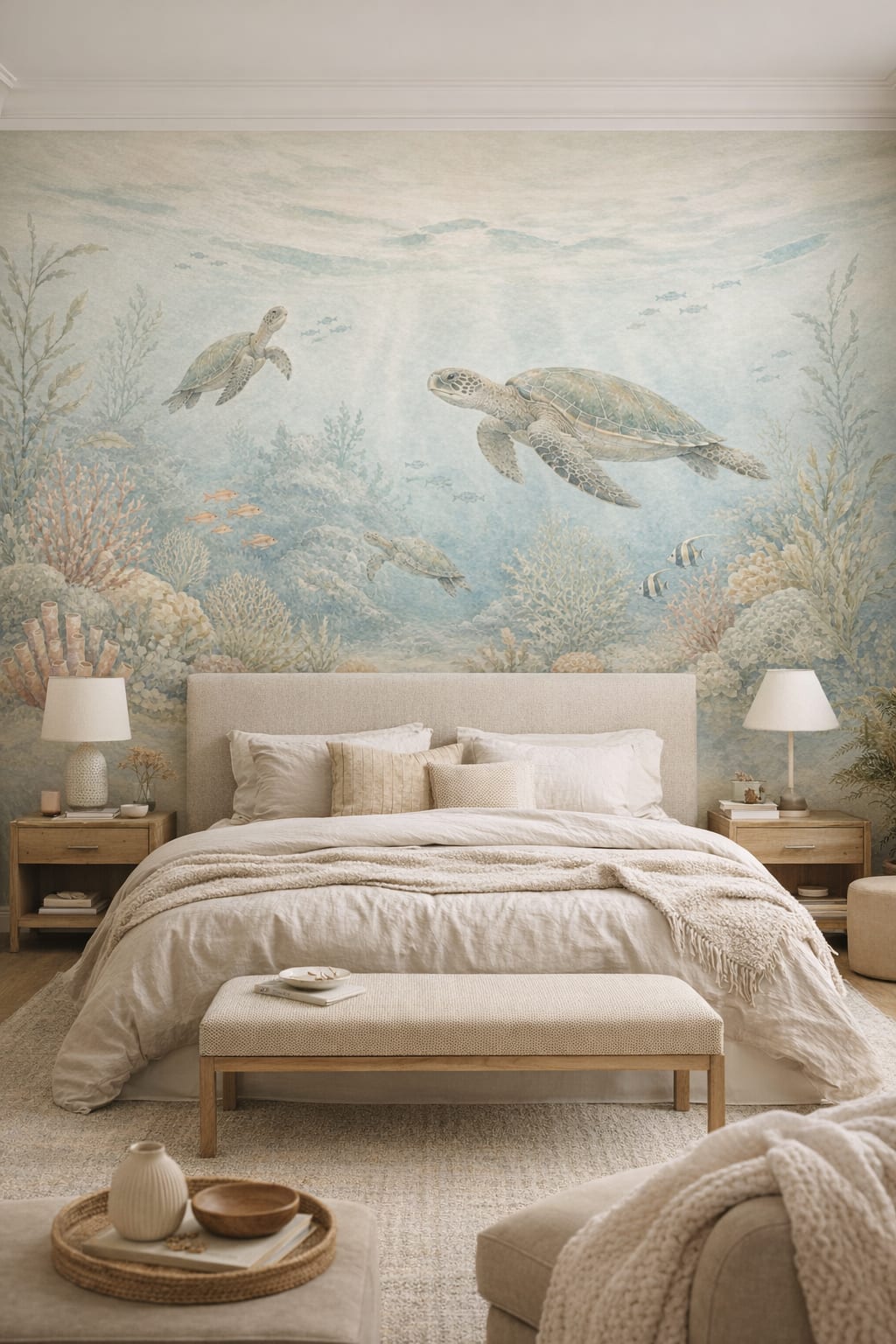 Cream Organic Modern sea turtles featuring coral reef - Wall Mural Peel and Stick Wallpaper for Organic Modern Master Bedroom.