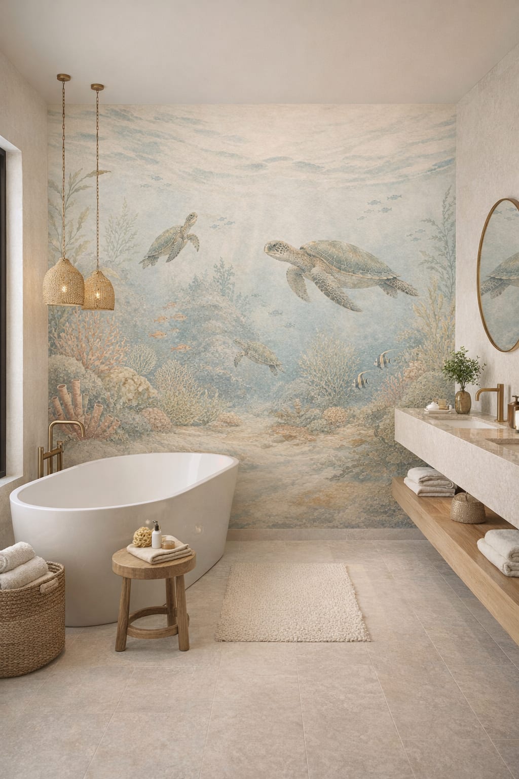Mediterranean Modern sand-blue sea turtles featuring coral reef - Wall Mural Peel and Stick Wallpaper for Mediterranean Modern Luxury Bathroom.