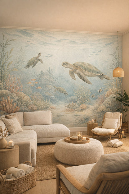 Biophilic green-neutral sea turtles featuring coral reef - Wall Mural Peel and Stick Wallpaper for Biophilic Design Home Wellness Room.