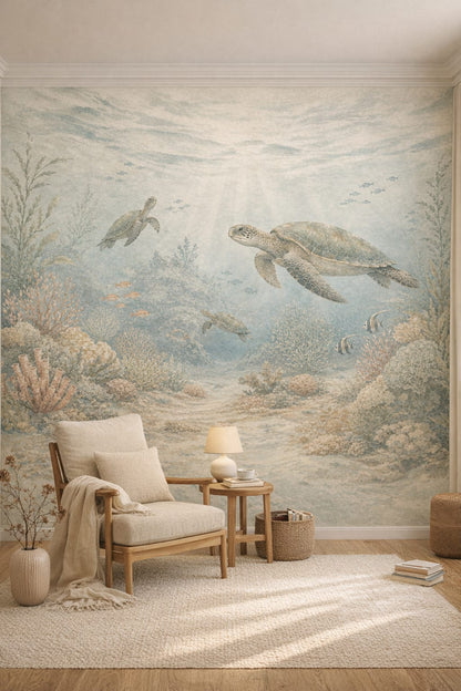 Japandi sand sea turtles featuring coral reef - Wall Mural Peel and Stick Wallpaper for Japandi Reading Corner.