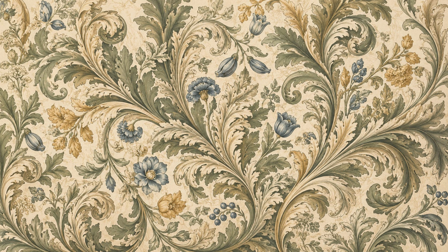 Ornate vintage Cream botanical scrolls featuring floral blossoms and berry sprigs - Wall Mural & Peel and Stick Wallpaper for Vintage Interiors and Premium Home Styling