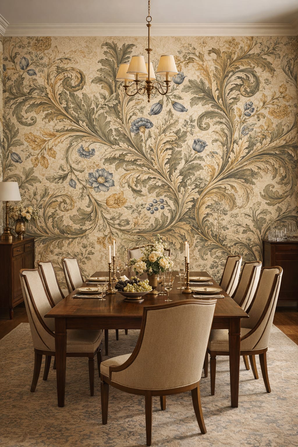 Cream Art Nouveau botanical scrolls featuring floral blossoms - Wall Mural Peel and Stick Wallpaper for Art Nouveau Formal Dining Room.