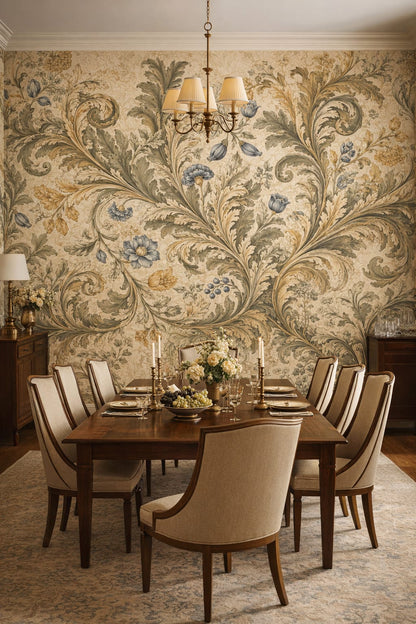 Cream Art Nouveau botanical scrolls featuring floral blossoms - Wall Mural Peel and Stick Wallpaper for Art Nouveau Formal Dining Room.