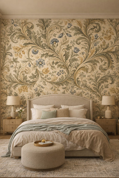 Cream Organic Modern botanical scrolls featuring floral blossoms - Wall Mural Peel and Stick Wallpaper for Organic Modern Master Bedroom.
